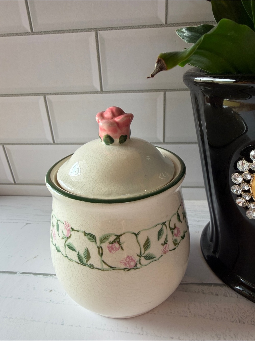 Hand-Painted Ceramic Floral Canister in Cream and Pink